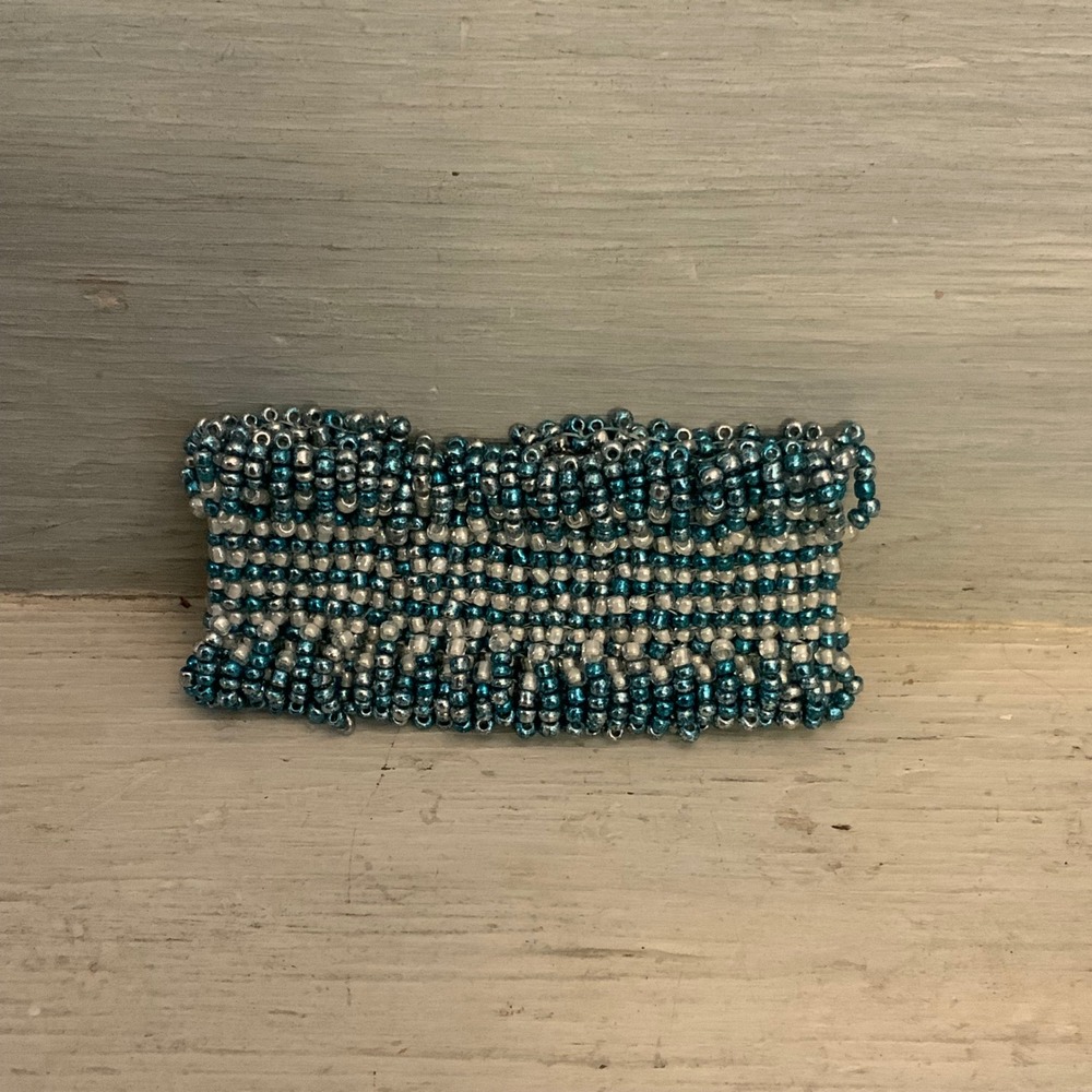 Handmade Blue White Iridescent Mini Beaded Cuff Bracelet 7" Good Condition‎